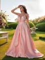 A-line V-Neck Sleeveless Delicate Sweep Train Satin Prom Dresses