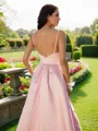 A-line V-Neck Sleeveless Delicate Sweep Train Satin Prom Dresses