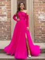 Princess A-line Tulle One-Shoulder Long Sleeves Sweep Train Corset Prom Dress With Slit