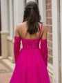 Princess A-line Tulle One-Shoulder Long Sleeves Sweep Train Corset Prom Dress With Slit