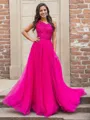Princess A-line Tulle One-Shoulder Long Sleeves Sweep Train Corset Prom Dress With Slit