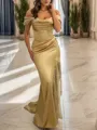 Sultry Sheath/Column Silk like Satin Off-the-Shoulder Sweep Train Prom Dress With Pleated