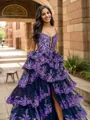 Princess A-line Tulle Spaghetti Straps Sweep Train Prom Dress With Slit