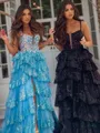 Princess A-line Tulle Spaghetti Straps Sweep Train Prom Dress With Slit