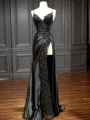 Teasing Sheath/Column Silk like Satin V-neck Sweep Train Prom Dress With Slit