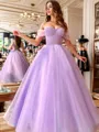Ball-Gown Elegant Tulle Off-the-Shoulder Floor-Length Prom Dress With Pleated