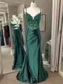 Sheath/Column Chic Spaghetti Straps Sweep Train Silk Like Satin Corset Prom Dress With Slit
