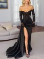 Sheath/Column Exquisite Sweetheart Long Sleeves Sweep Train Silk like Satin Corset Prom Dress With Slit