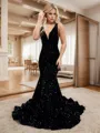 Trumpet/Mermaid Dazzling V-neck Sweep Train Velvet Sequins Prom Dress