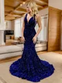 Trumpet/Mermaid Dazzling V-neck Sweep Train Velvet Sequins Prom Dress