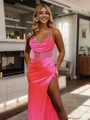 Sheath/Column Straight-cut Spaghetti Straps Floor-Length Silk like Satin Corset Prom Dress With Slit