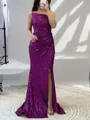 Sheath/Column Shining Straight Sweep Train Sequins Prom Dress With Slit