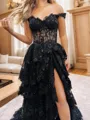 Classic A-line Off-the-Shoulder Sweep Train Tulle Corset Prom Dress With Slit