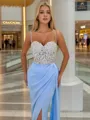 Sheath/Column Refined Spaghetti Straps Sweep Train Satin Prom Dress With Slit