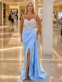 Sheath/Column Refined Spaghetti Straps Sweep Train Satin Prom Dress With Slit