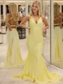 Sheath/Column Sleek V-neck Sweep Train Jersey Prom Dress