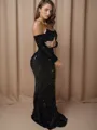 Sheath/Column Velvet Sequins Off-the-Shoulder Long Sleeves Sweep Train Prom Dress