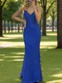 Chic Sheath/Column V-neck Sweep Train Lace Prom Dress