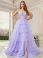 Dreamy A-line Spaghetti Straps Sweep Train Tulle Corset Prom Dress With Slit