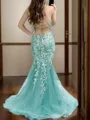 Fashion Sheath/Column V-neck Sweep Train Tulle Corset Prom Dress With Appliques Lace