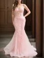 Fashion Sheath/Column V-neck Sweep Train Tulle Corset Prom Dress With Appliques Lace