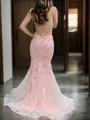 Fashion Sheath/Column V-neck Sweep Train Tulle Corset Prom Dress With Appliques Lace