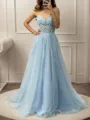 Unique A-line Spaghetti Straps Sweep Train Tulle Corset Prom Dress With Appliques Lace