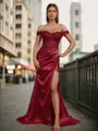 Chic Sheath/Column Off-the-Shoulder Sweep Train Silk like Satin Corset Prom Dress With Slit