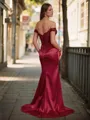 Chic Sheath/Column Off-the-Shoulder Sweep Train Silk like Satin Corset Prom Dress With Slit