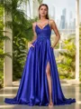 Modest A-line V-neck Sweep Train Silk like Satin Prom Dress With Slit