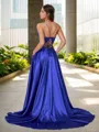 Modest A-line V-neck Sweep Train Silk like Satin Prom Dress With Slit