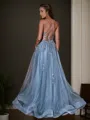 A-line Charming V-neck Sweep Train Tulle Corset Prom Dress With Slit