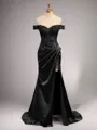 Chic Sheath/Column Off-the-Shoulder Sweep Train Silk like Satin Corset Prom Dress With Slit
