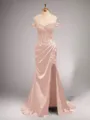 Chic Sheath/Column Off-the-Shoulder Sweep Train Silk like Satin Corset Prom Dress With Slit