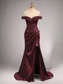 Chic Sheath/Column Off-the-Shoulder Sweep Train Silk like Satin Corset Prom Dress With Slit