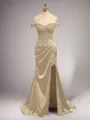 Chic Sheath/Column Off-the-Shoulder Sweep Train Silk like Satin Corset Prom Dress With Slit