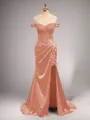 Chic Sheath/Column Off-the-Shoulder Sweep Train Silk like Satin Corset Prom Dress With Slit