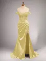 Chic Sheath/Column Off-the-Shoulder Sweep Train Silk like Satin Corset Prom Dress With Slit