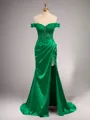 Chic Sheath/Column Off-the-Shoulder Sweep Train Silk like Satin Corset Prom Dress With Slit