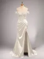 Chic Sheath/Column Off-the-Shoulder Sweep Train Silk like Satin Corset Prom Dress With Slit