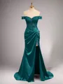 Chic Sheath/Column Off-the-Shoulder Sweep Train Silk like Satin Corset Prom Dress With Slit