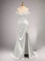 Chic Sheath/Column Off-the-Shoulder Sweep Train Silk like Satin Corset Prom Dress With Slit