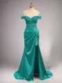 Chic Sheath/Column Off-the-Shoulder Sweep Train Silk like Satin Corset Prom Dress With Slit
