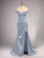 Chic Sheath/Column Off-the-Shoulder Sweep Train Silk like Satin Corset Prom Dress With Slit
