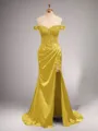 Chic Sheath/Column Off-the-Shoulder Sweep Train Silk like Satin Corset Prom Dress With Slit