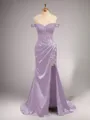 Chic Sheath/Column Off-the-Shoulder Sweep Train Silk like Satin Corset Prom Dress With Slit