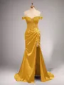 Chic Sheath/Column Off-the-Shoulder Sweep Train Silk like Satin Corset Prom Dress With Slit