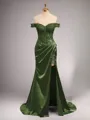 Chic Sheath/Column Off-the-Shoulder Sweep Train Silk like Satin Corset Prom Dress With Slit