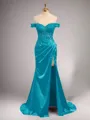 Chic Sheath/Column Off-the-Shoulder Sweep Train Silk like Satin Corset Prom Dress With Slit