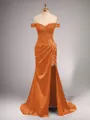 Chic Sheath/Column Off-the-Shoulder Sweep Train Silk like Satin Corset Prom Dress With Slit